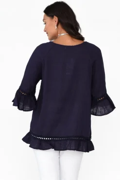 Linen Tops<Ruby Rain Tinker Navy Linen Cotton Ruffle Top