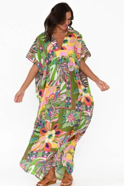 Cotton Dresses<Mozaic Tiwi Green Tropical Cotton Kaftan