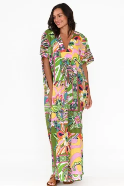 Cotton Dresses<Mozaic Tiwi Green Tropical Cotton Kaftan