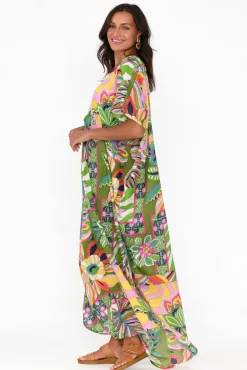 Cotton Dresses<Mozaic Tiwi Green Tropical Cotton Kaftan