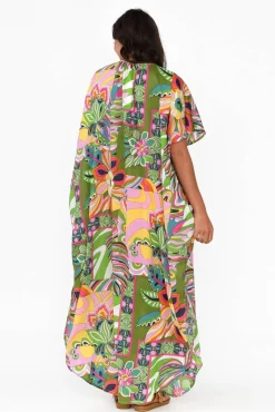 Cotton Dresses<Mozaic Tiwi Green Tropical Cotton Kaftan