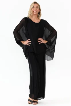 Sleeved Tops<La Strada Trevino Black Silk Overlay Top