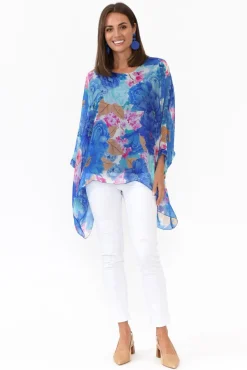 Sleeved Tops<La Strada Trevino Cobalt Flower Silk Overlay Top
