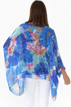 Sleeved Tops<La Strada Trevino Cobalt Flower Silk Overlay Top