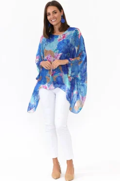 Sleeved Tops<La Strada Trevino Cobalt Flower Silk Overlay Top