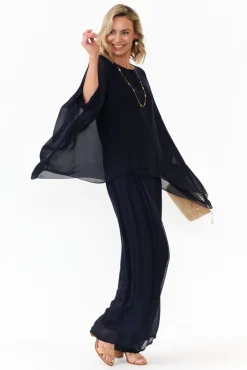 Sleeved Tops<La Strada Trevino Navy Silk Overlay Top