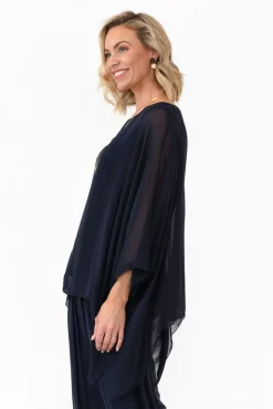 Sleeved Tops<La Strada Trevino Navy Silk Overlay Top