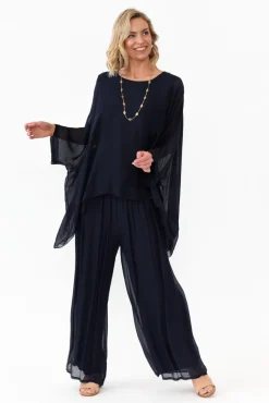 Sleeved Tops<La Strada Trevino Navy Silk Overlay Top