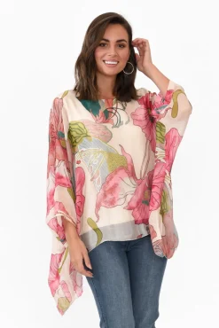 Sleeved Tops<La Strada Trevino Pink Flower Silk Overlay Top