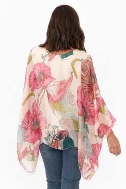 Sleeved Tops<La Strada Trevino Pink Flower Silk Overlay Top
