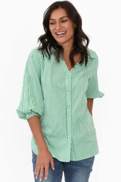 Cotton Tops<Silver Wishes Troy Green Stripe Cotton Shirt