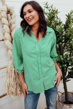 Cotton Tops<Silver Wishes Troy Green Stripe Cotton Shirt