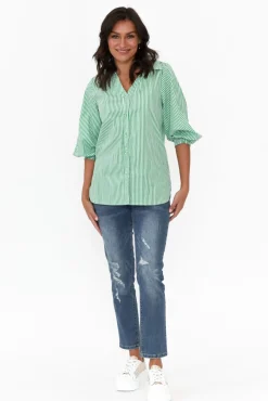 Cotton Tops<Silver Wishes Troy Green Stripe Cotton Shirt