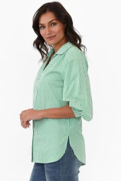 Cotton Tops<Silver Wishes Troy Green Stripe Cotton Shirt