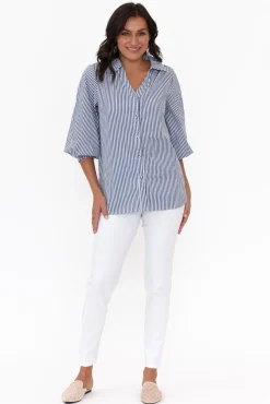 Cotton Tops<Silver Wishes Troy Navy Stripe Cotton Shirt