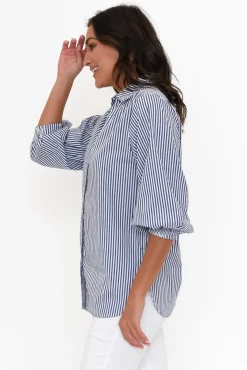 Cotton Tops<Silver Wishes Troy Navy Stripe Cotton Shirt