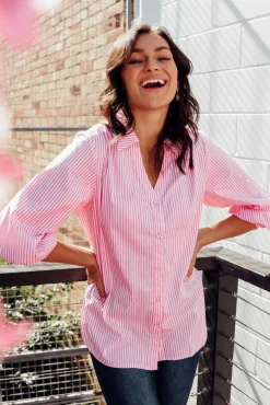 Cotton Tops<Silver Wishes Troy Pink Stripe Cotton Shirt