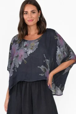 Linen Tops<Donna Donna Turner Navy Floral Linen Scoop Neck Top