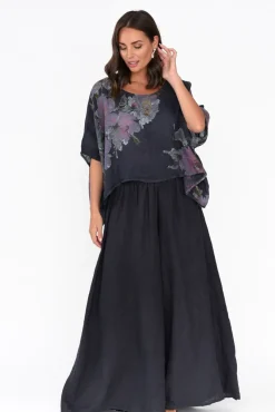 Linen Tops<Donna Donna Turner Navy Floral Linen Scoop Neck Top