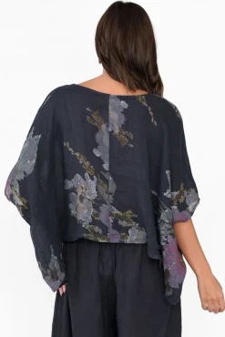 Linen Tops<Donna Donna Turner Navy Floral Linen Scoop Neck Top