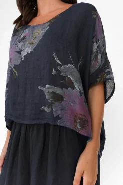 Linen Tops<Donna Donna Turner Navy Floral Linen Scoop Neck Top