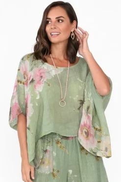 Linen Tops<Donna Donna Turner Sage Floral Linen Scoop Neck Top