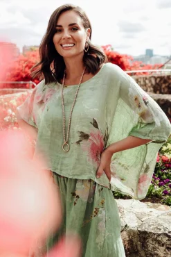 Linen Tops<Donna Donna Turner Sage Floral Linen Scoop Neck Top