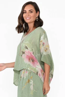 Linen Tops<Donna Donna Turner Sage Floral Linen Scoop Neck Top