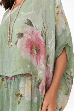 Linen Tops<Donna Donna Turner Sage Floral Linen Scoop Neck Top
