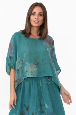 Linen Tops<Donna Donna Turner Teal Floral Linen Scoop Neck Top