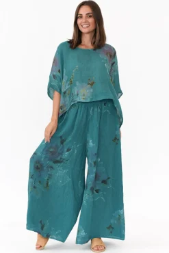Linen Tops<Donna Donna Turner Teal Floral Linen Scoop Neck Top