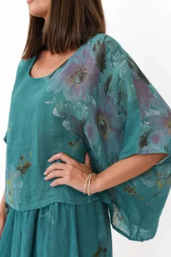 Linen Tops<Donna Donna Turner Teal Floral Linen Scoop Neck Top