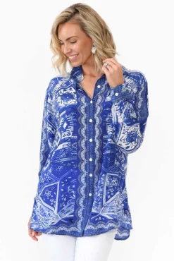 Shirts<Fashion Spectrum Tuscany Blue Silk Collared Shirt