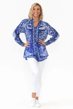 Shirts<Fashion Spectrum Tuscany Blue Silk Collared Shirt