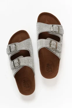 Slides<Laguna Quays Twain Silver Diamante Double Buckle Slide