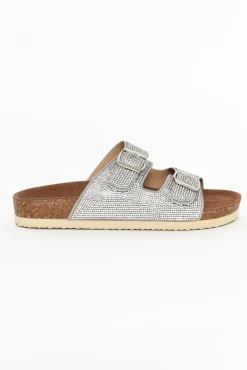 Slides<Laguna Quays Twain Silver Diamante Double Buckle Slide
