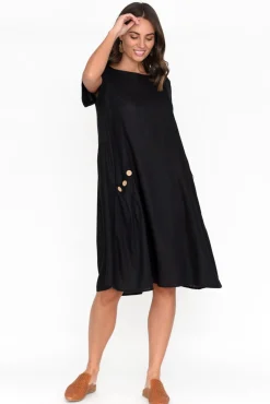 Linen Dresses<Ruby Rain Tyreke Black Linen Cotton Pocket Dress