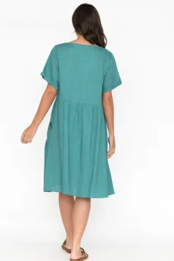 Linen Dresses<Ruby Rain Tyreke Teal Linen Cotton Pocket Dress