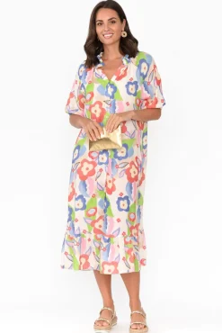 Linen Dresses<La Strada Ulla Blue Floral Linen Cotton Dress