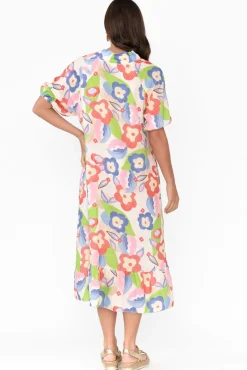 Linen Dresses<La Strada Ulla Blue Floral Linen Cotton Dress