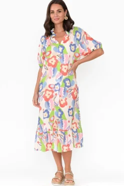 Linen Dresses<La Strada Ulla Blue Floral Linen Cotton Dress