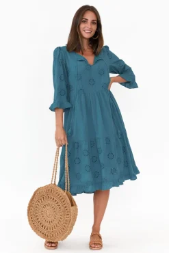 Cotton Dresses<Worthier Valentina Blue Cotton Embroidered Dress
