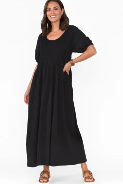 Cotton Dresses<One Ten Willow Vancouver Black Cotton Shirred Dress