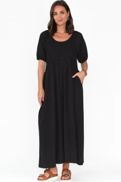 Cotton Dresses<One Ten Willow Vancouver Black Cotton Shirred Dress