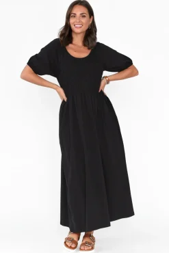 Cotton Dresses<One Ten Willow Vancouver Black Cotton Shirred Dress