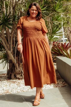 Cotton Dresses<One Ten Willow Vancouver Rust Cotton Shirred Dress
