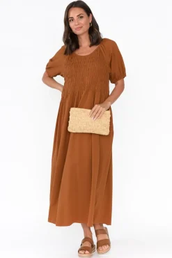 Cotton Dresses<One Ten Willow Vancouver Rust Cotton Shirred Dress
