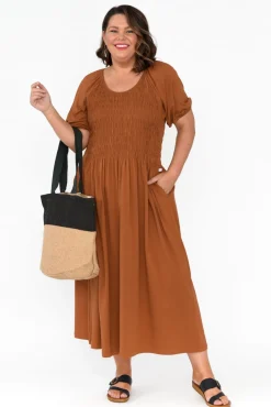 Cotton Dresses<One Ten Willow Vancouver Rust Cotton Shirred Dress