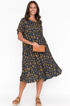 Cotton Dresses<Indigo Designs Vanya Navy Abstract Cotton Blend Dress