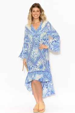 Below Knee Dresses<Fashion Spectrum Verona Blue Silk Frill Dress